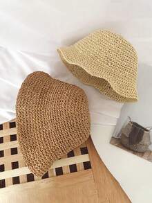 1pc Children's Straw Hat, Fashionable Versatile Sun Protection Bucket Hat For Girls, Suitable For Spring/Summer Beach, Outdoor Activities - 1PC - View 2