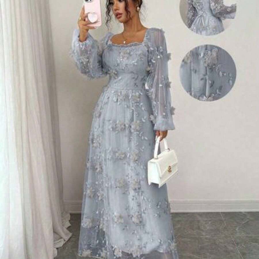 Elenzya Women's Elegant Retro Charming Princess Gentle Lady Net Yarn Long Sleeve Square Collar Waist A-Line Fluffy Hem Solid Color 3D Floral Embroidered Net Dress Fall Cloth For Women - Gris - Ver 1