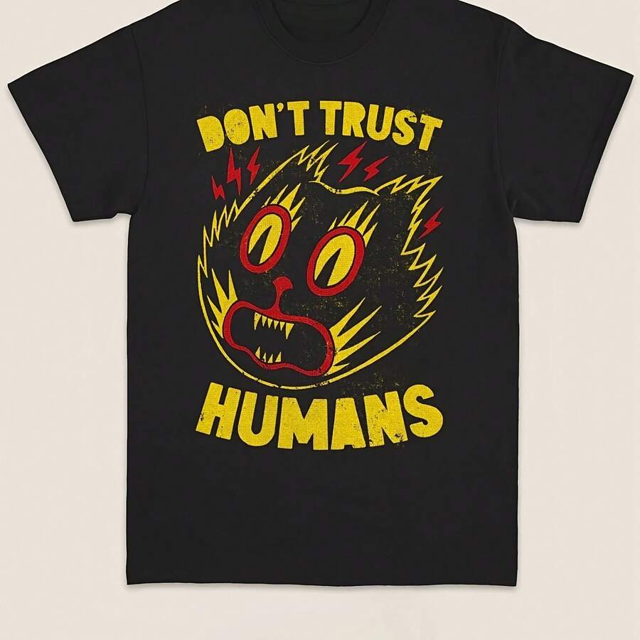 Camiseta con Gráfico de Gato Enojado Vintage de Dont Trust Humans para Hombre y Mujer, Estilo Retro, Divertido, Gótico, Horror, Humor Negro, Ropa Urbana Informal - forma - Ver 1