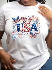 Short-Sleeved T-Shirt For Independence Day, Commemorative T-Shirt With National Flag, Round Neck Style For Women, Comfortable And Soft Fabric, Suitable For Independence Day, Fourth Of July, Heroes' Day, Presidents' Day And Children's Celebrations. - 白色 - 查看 1