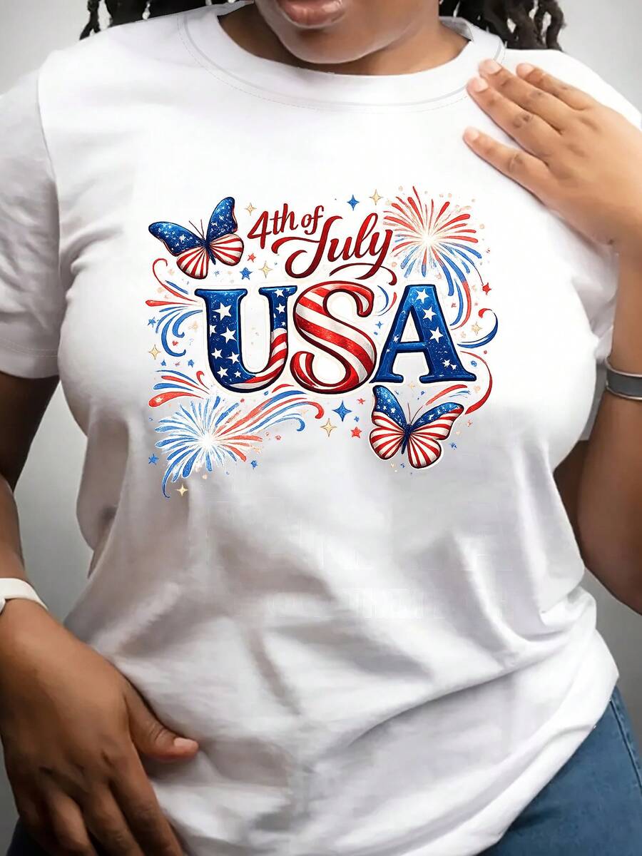 Short-Sleeved T-Shirt For Independence Day, Commemorative T-Shirt With National Flag, Round Neck Style For Women, Comfortable And Soft Fabric, Suitable For Independence Day, Fourth Of July, Heroes' Day, Presidents' Day And Children's Celebrations. - 白色 - 查看 1