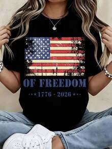 1 Piece Women's Crew Neck T-Shirt With American Flag Of Liberty 1776-2026 Print, Short Sleeve, Casual Style For Independence Day Celebration, 180g 100% Cotton - 黑色 - 查看 7