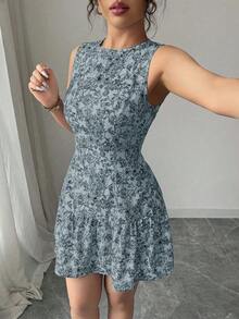 Vestido mini con estampado floral elegante de estilo bohemio sin mangas con cinturón, adecuado para la temporada de graduación, festivales y uso de verano, primavera/verano - Azul - Ver 6