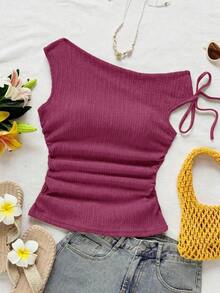 Blusa de punto con textura de burbujas de color albaricoque, cuello asimétrico con lazo en la cintura, ajuste ceñido, adecuada para fiesta, cita, paseo por la ciudad, viaje por carretera, playa de verano - Rosa Fucsia - Ver 4