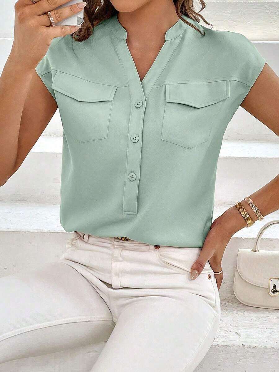 Camisa casual de mujer de unicolor con cuello en V, abotonadura sencilla y bolsillo - verde menta - Ver 1