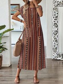 Vestido casual de mujer con estampado floral y manga corta, ideal para vacaciones de verano - Multicolor 5 - Ver 1