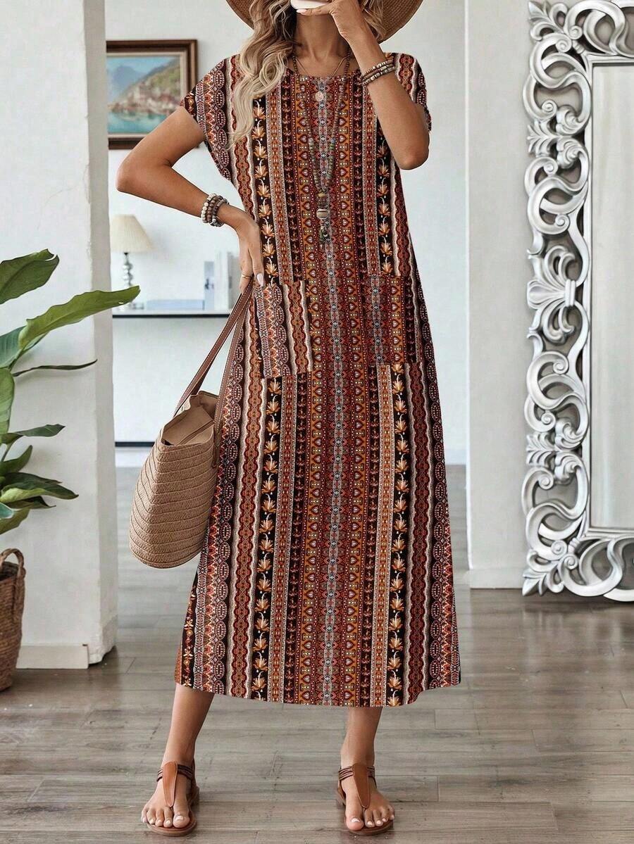 Vestido casual de mujer con estampado floral y manga corta, ideal para vacaciones de verano - Multicolor 5 - Ver 1