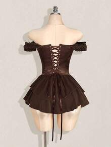 Vestido corto de gasa con volantes en el hombro, cintura fruncida y estampado jacquard para mujer, elegante para fiestas y uso casual - Marrón - Ver 2