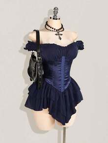 Vestido corto de gasa con volantes en el hombro, cintura fruncida y estampado jacquard para mujer, elegante para fiestas y uso casual - Azul marino - Ver 6