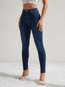 Jeans vaqueros de mujer ceñidos con bolsillos, informales y versátiles - Azul lavado oscuro 3 - Ver 9