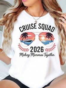 Camiseta de mujer para crucero 2026 Haciendo recuerdos juntos Estampado de palmeras, puesta de sol y gafas de aviador Cuello redondo Casual Manga corta Uso diario Atuendo de verano para vacaciones 220G - Blanco - Ver 2