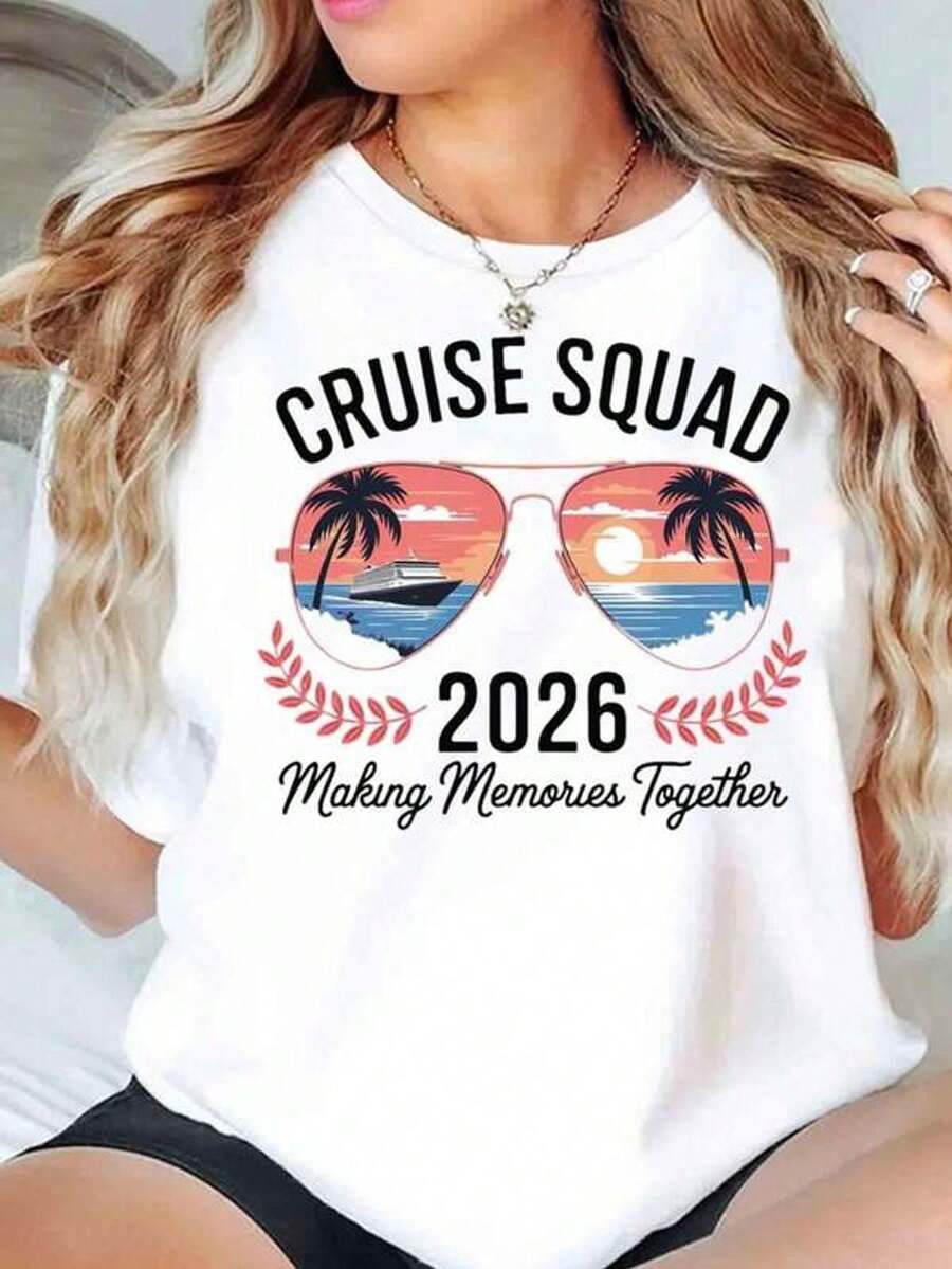 Camiseta de mujer para crucero 2026 Haciendo recuerdos juntos Estampado de palmeras, puesta de sol y gafas de aviador Cuello redondo Casual Manga corta Uso diario Atuendo de verano para vacaciones 220G