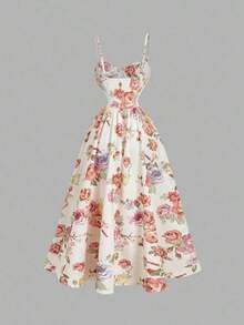MOD Vestido con estructura de corsé con contraste de rayas azul y blanco en la cintura, estampado floral en el bustier, atuendo de vacaciones para mujer, vestido de verano, atuendo de campo, ropa de playa, vestido de verano, vestido de Pascua para mujer, vestidos de verano para mujer, vestido de fiesta de té - Multicolor 2 - Ver 3