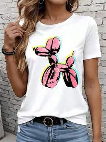 Camisetas De Calor Para MujerLas Camisetas De Manga Corta Para Mujer En Blanco Y Negro Son Adecuadas Para El Ocio Diario, El Hogar Y Los Viajes Al Aire Libre. Camiseta Con Estampado De Perro Globo Para Mujer, Top Casual De Verano, Camiseta De Manga Corta Con Cuello Redondo Y Estampado De Animales En Rosa, Camisa De Moda, Regalo Para Fiestas. - Blanco - Ver 1