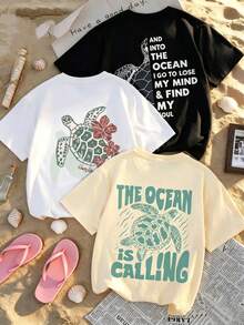 Single Garment, Not A 3-Piece Set. 1 Piece/Set Of Long-Sleeved T-Shirts Suitable For Streetwear. Oversized Crew Neck Top For Daily Outings, Camping, Concerts, Hip-Hop, Rock, And Rap Events. Denim Ocean-Themed Print T-Shirts With Turtle, Bouquet, And Cowboy Boot Prints. Loose And Soft T-Shirts, Retro Y2K Streetwear Style, Cool And Baggy T-Shirts For Girls, Popular Beach And Country Style Clothing For Summer. - 白色 - 查看 1