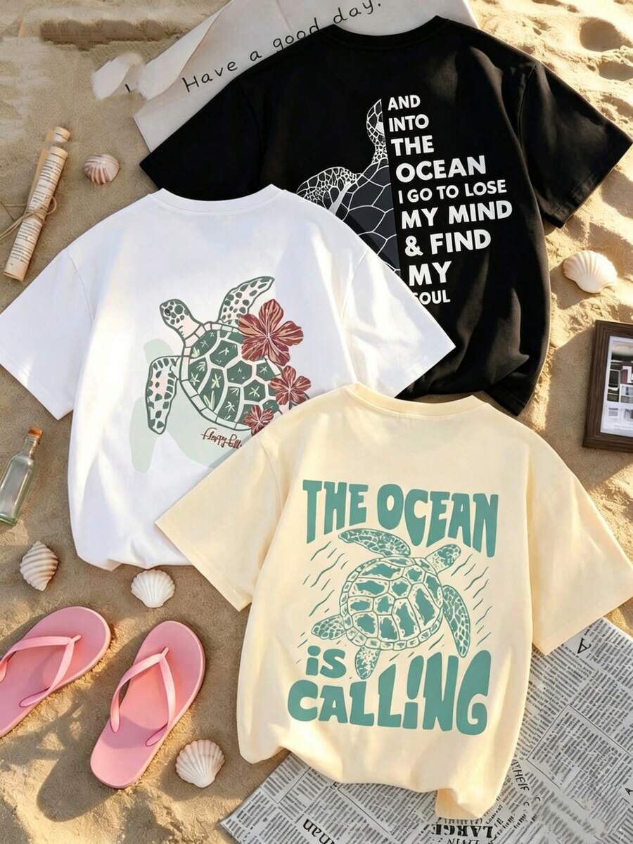 Single Garment, Not A 3-Piece Set. 1 Piece/Set Of Long-Sleeved T-Shirts Suitable For Streetwear. Oversized Crew Neck Top For Daily Outings, Camping, Concerts, Hip-Hop, Rock, And Rap Events. Denim Ocean-Themed Print T-Shirts With Turtle, Bouquet, And Cowboy Boot Prints. Loose And Soft T-Shirts, Retro Y2K Streetwear Style, Cool And Baggy T-Shirts For Girls, Popular Beach And Country Style Clothing For Summer. - 白色 - 查看 1