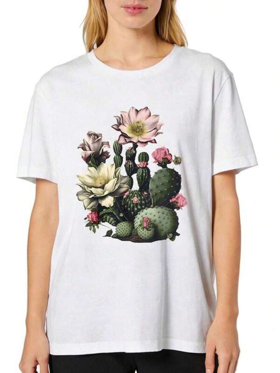Camiseta de mujer de manga corta con estampado retro de cactus, suculentas y pls botánicas. Cómoda y elástica, con estampados de moda y transpirables, exclusivara entusiastas de este estilo