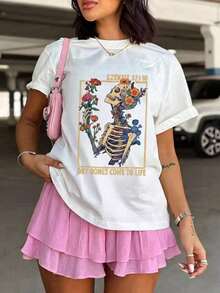 Edición Limitada: Camiseta Gráfica Dry Come To Life para Mujer, Camiseta Cristiana con Esqueleto Floral, Camiseta Casual de Manga Corta, Estilo Vintage Inspirado en la Fe, Corte Holgado, Cuello Redondo, Estilo Streetwear, Camiseta Cómoda y Estética para Uso Diario, Iglesia, Salidas Casuales, Regalo para Creyentes Cristianos. Algodón Ligero. - Blanco - Ver 1