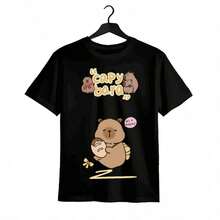 Tops para mujer de algodón de manga corta con estampado de capibara blanca para mujer, para uso diario informal, con cuello redondo y corte regular. - Negro - Ver 9