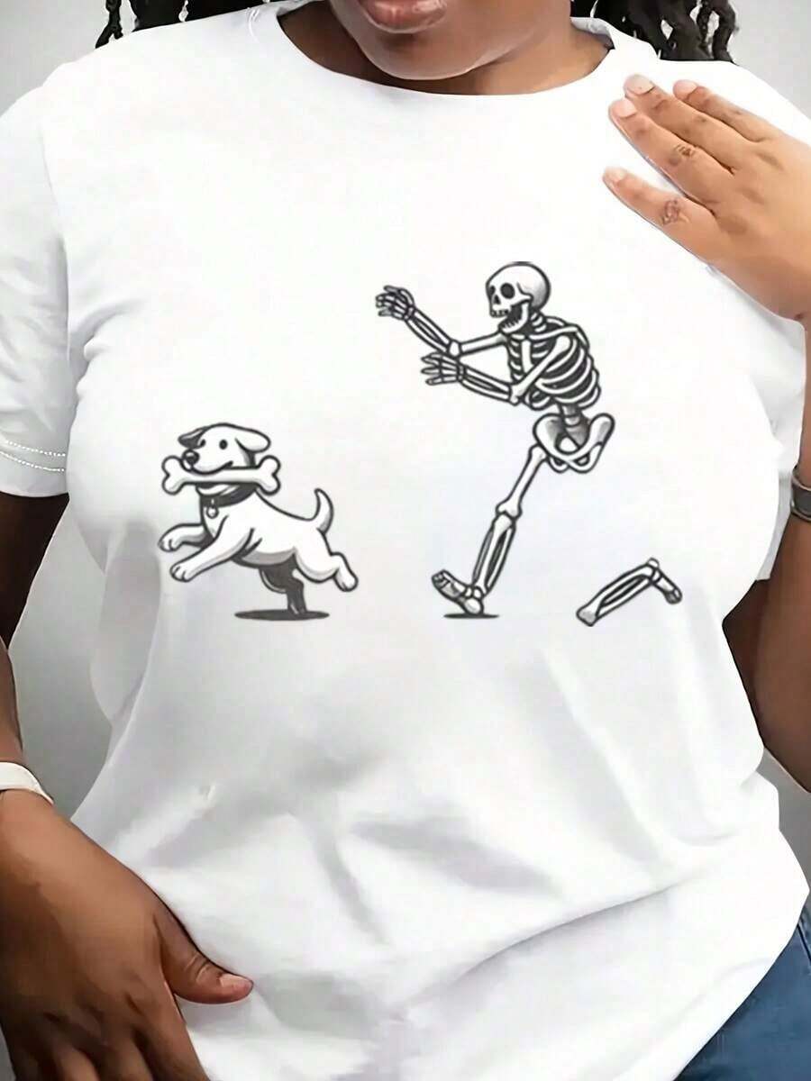 Camiseta de Halloween para perro, regalo para amantes de los perros, camiseta divertida con esqueleto, camiseta de esqueleto de Halloween, camiseta espeluznante, camiseta de temporada espeluznante, camiseta retro de Halloween. Camiseta holgada, casual y versátil, estilo Y2k. - Blanco - Ver 1