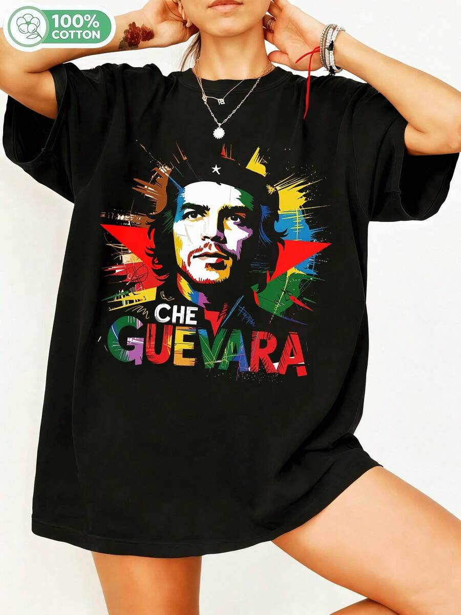 Che Guevara Portrait Cotton T-Shirt, Revolutionary Icon Graphic T-Shirt, Vintage Retro Style, Casual Short Sleeve Crew Neck, Unisex Streetwear, Politically Inspired Art Shirt. - Black - View 1