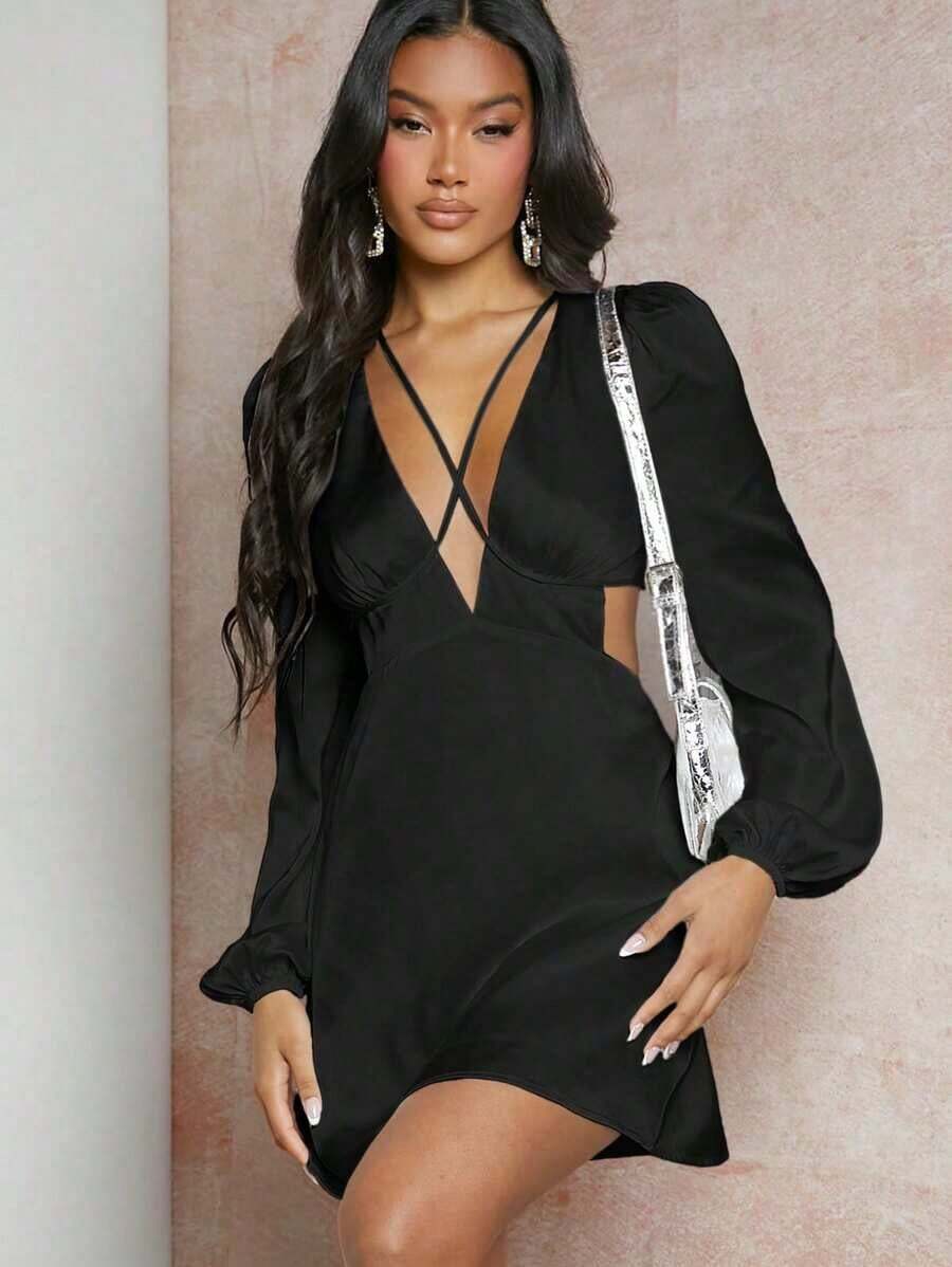 Vestido de cuello profundo de manga farol con tira cruzada de espalda abierta con cordón de satén - Negro - Ver 1