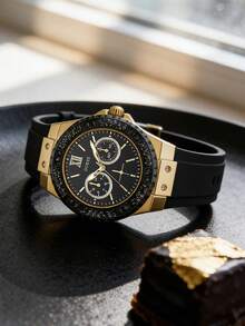 Đồng hồ đeo tay đa năng cao cấp GUESS dành cho nữ, viền pha lê, dây đeo cao su đen, mạ vàng cao cấp, thích hợp làm quà tặng sinh nhật và kỷ niệm W1053L7 - màu đen - Xem 2