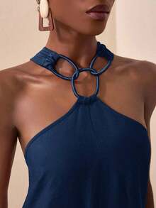 Mono de pierna ancha de unicolor y redondo conectado de moda para mujer - Azul marino - Ver 4