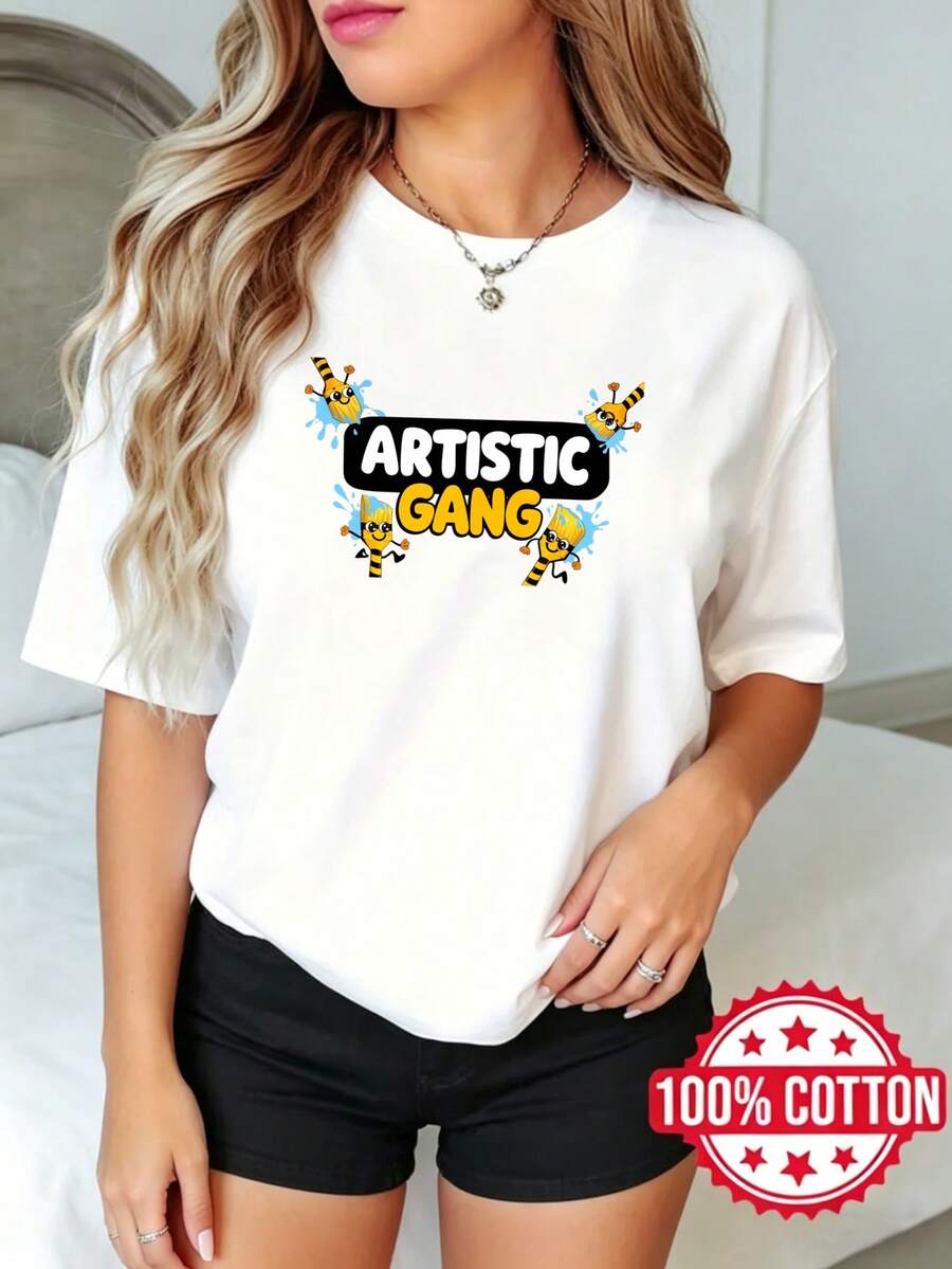 Camiseta de manga corta con cuello redondo y estampado para dama, verano Diseño Impreso de Abeja Artística S-3XL 100% aodón material transpirable
