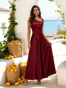 HOMEYEE Women's Elegant Sleeveless Asymmetric Neck Maxi Flare Dress, Charming Romantic Cocktail Party Gown Wedding Fall - Burgundy - View 8
