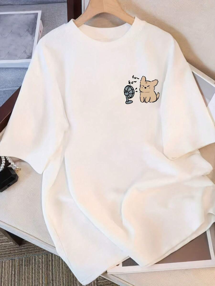 Camiseta de Mujer con Estampado de Gato, Estilo Casual, Holgada, de Manga Corta con la Frase "Hi!"Diseño "Be Happy", Ropa de Verano Ligera y Transpirable| Camisa con Estampado de Dibujos Animados| Tela suave en la parte superior - Blanco - Ver 1