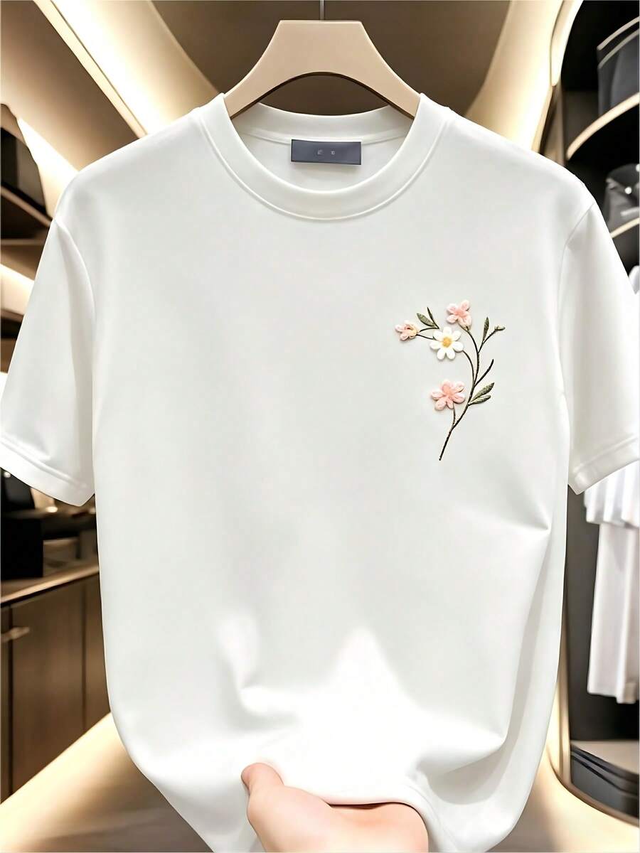 1 Piece Of [New 2026] Women's Round Neck Printed T-Shirt, Elegant And Stylish, Suitable For Spring And Summer, Easy To Wash And Store, Ideal As A Birthday/Easter Gift, Floral Embroidery Design. - 白色 - 查看 1