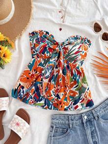Top sin tirantes con nudo delantero y detalle de volantes con estampado de frutas color albaricoque, azul y amarillo para vacaciones de verano y tiempo libre con diseño fruncido en la parte posterior - Multicolor - Ver 1