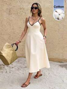 Vestido de tirantes casual de vacaciones con detalles en contraste para mujer - Albaricoque 2 - Ver 5