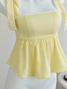 Camiseta de tirantes con volantes y lazo a cuadros linda para mujer - Amarillo - Ver 6