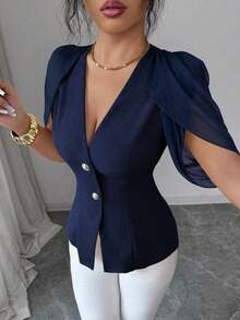Blazer elegante y romántico para mujer con cuello en V, plisado y cintura ceñida - Azul marino - Ver 1