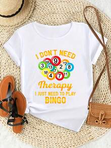 Relax Bingo Graphic T-Shirt With Slogan - Crew Neck And Short Loose Fit, Colorful Bingo Ball Design, Machine Washable For Summer Casual Wear, Medium Stretch Material, Adorable Animal Print, Fun Letter Print, Matches With Street Fashion, Summer Outdoor Or Everyday Wear, Daily Wear For Sweet Girls Or Students, Cool And Sweat-Free Summer Clothes - 白色 - 查看 4