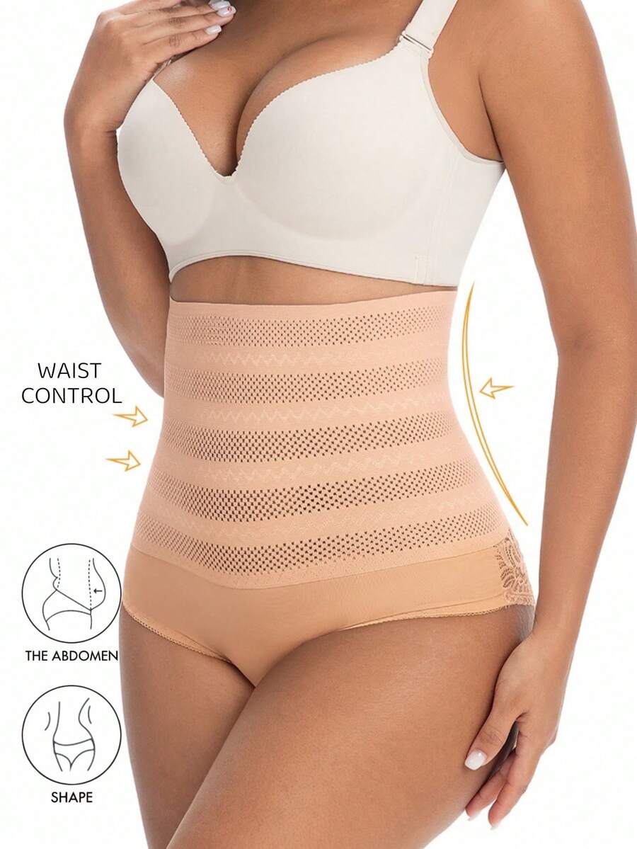 Women's High Waist Butt Lifter Shapewear Panty, Lace Trim & Breathable Mesh Waistband, Invisible Under Clothing, Tummy Control & Hip Shaping For All-Day Comfort - Apricot - View 1