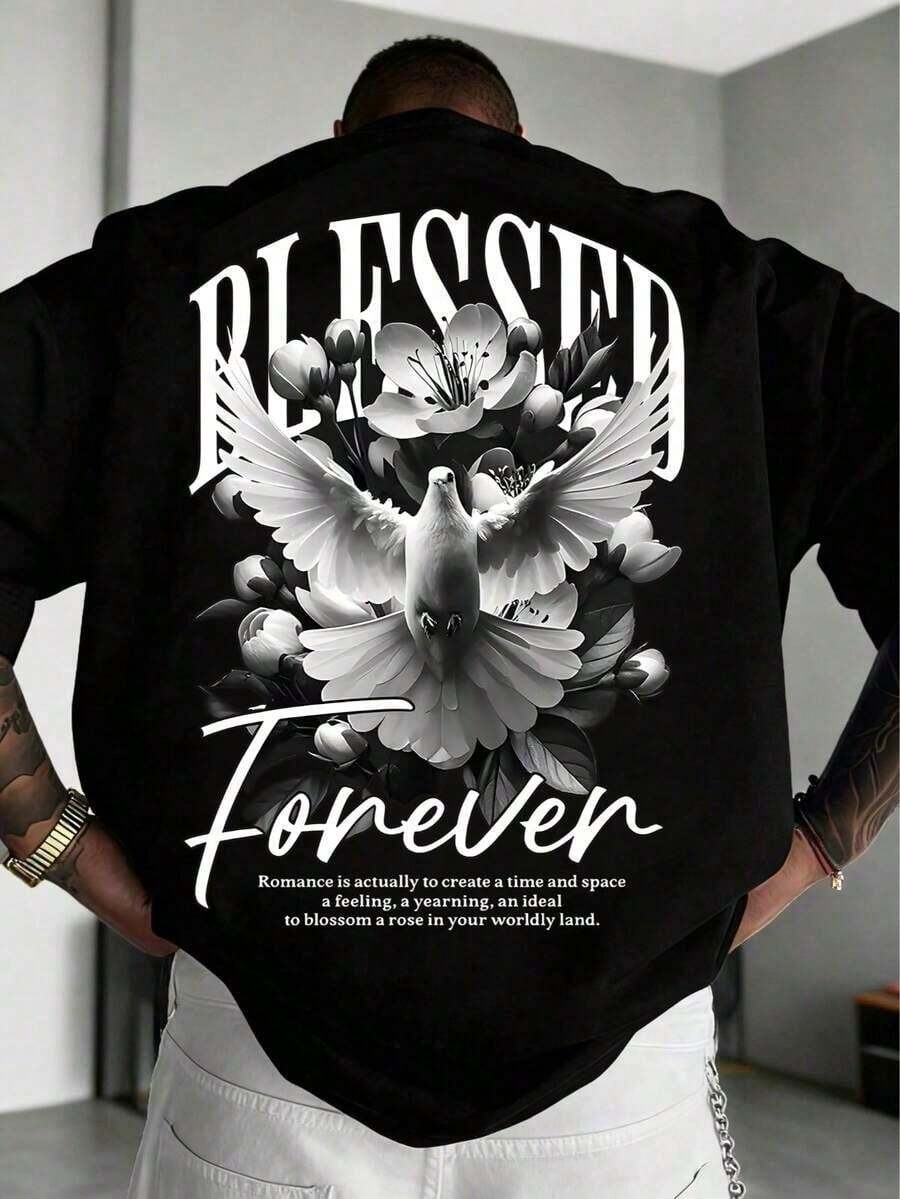Camiseta de Manga Corta con Estampado Gráfico Simple y Versátil para Hombre - Negro - Ver 1