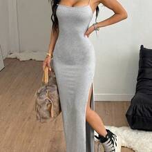 Women's Summer Streetwear Concert Date Night Vacation Outfits Y2K Woven Tape Split Long Dress - Burdeos - Ver 6