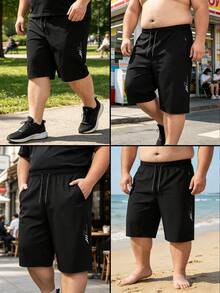 Plus Size Men's 7-Inch Sports Shorts, Black Baggy Pants, Zipper Pockets, Elastic Waist & Lightning Print, Summer Casual - Black - View 4