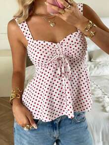 Nueva Colección Primavera/Verano 2026 para Mujer: Blusa/Top sin Mangas con Volantes y Cordón Ajustable, Estampado de Lunares Amarillo Buttercup y Marrón, Estilo Casual y Versátil, Top de Verano - Rojo y Blanco 2 - Ver 7