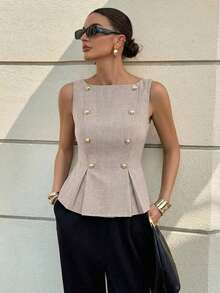 Blusa elegante sin mangas con cintura ceñida para uso diario, verano - Marrón - Ver 3
