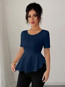 Elegante blusa de punto jacquard con lunares, lazo en la espalda, cintura ceñida y bajo asimétrico - Azul marino - Ver 6