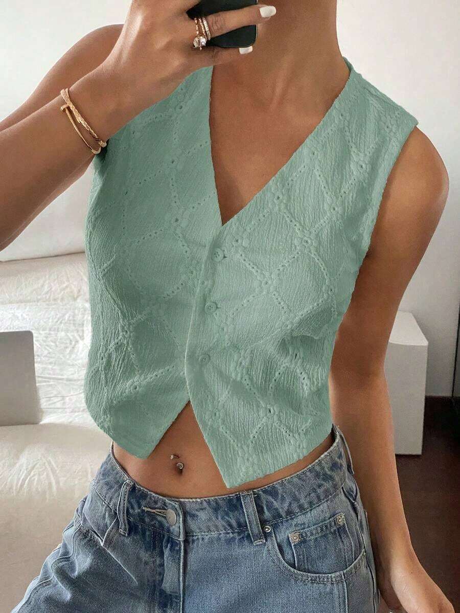 Top sin mangas blanco puro con bordado, de estilo "Old Money", casual y lindo para verano, para salir - verde menta - Ver 1