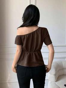 Blusa casual elegante de hombros con nudo, de corte slim para mujeres - Marrón - Ver 2