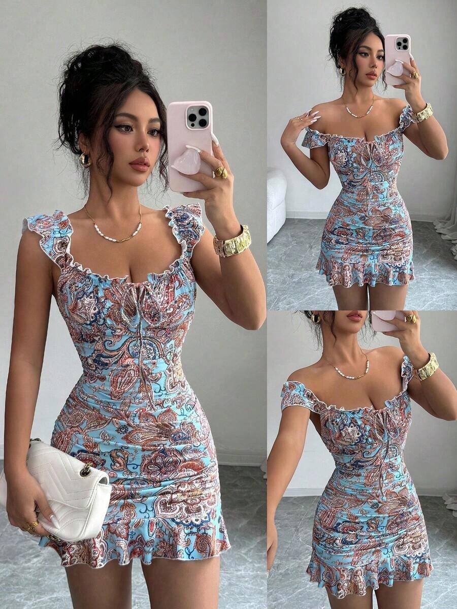 Vestido con estampado floral, volantes y bajo sexy para mujer - Azul - Ver 1