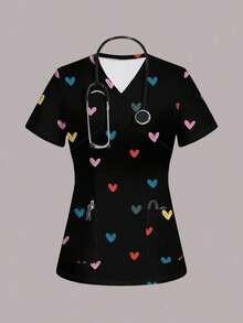 Top de pijama con estampado de dibujos animados para mujer - Negro - Ver 1