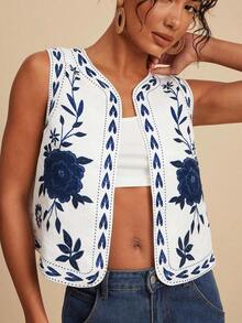 Chaleco ligero de mujer con bordado floral y de loro, chaleco bohemio, chaleco floral, estilo casual de mujer, atuendo para salir, atuendos elegantes, estilo campestre para mujer, atuendos casuales, chaleco elegante - Azul y blanco - Ver 4