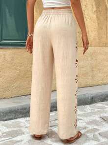 Frenchy Pantalones anchos de pierna ancha con cordón en la cintura, de unicolor y con corte láser, estilo casual de vacaciones para mujer - Caqui - Ver 2